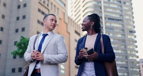 Business people, walking and travel with discussion in city for morning commute