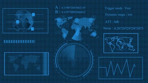 Mapa mundial de tecnología digital, información diferente que muestra el fondo animado de la pantalla del radar