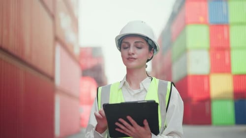 Professional female worker or supervisor in a white safety hard hat