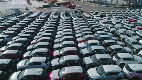 Aerial View of New Cars Parked in Car Parking Lot Car Dealer Parking Lot Full of New Automobiles New