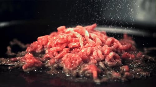 Ground Meat Cooking with Seasoning Close Up