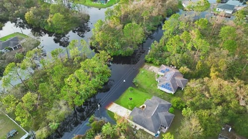 Surrounded By Hurricane Ian Rainfall Flood Waters Homes in Florida Residential Area Consequences of