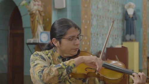 Man Plays Violin in Ornate Room
