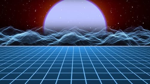 Animation von Retro-Land, Retro-Hintergrund. Abstrakte Animation des futuristischen digitalen Retro-Landes der 80er Jahre
,