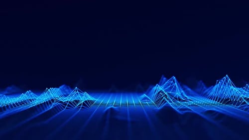 Digitale blaue Mesh-Wellen mit Punkten und Links, KI-Technologie, Netzwerk, Oberfläche, abstrakte Technologie, groß