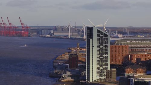 Aerial Sunrise Over Liverpool Waterfront River Mersey and Hill Dickinson Stadium