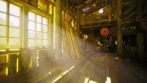 Historic Sawmill Interior Illuminated By Warm Natural Light with Antique Tools