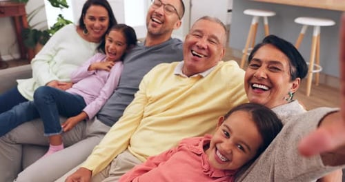 Happy Family Group Poses for Selfie at Home