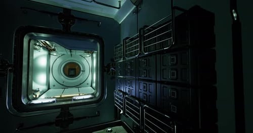 Vue intérieure d'un module spatial futuriste en basse lumière