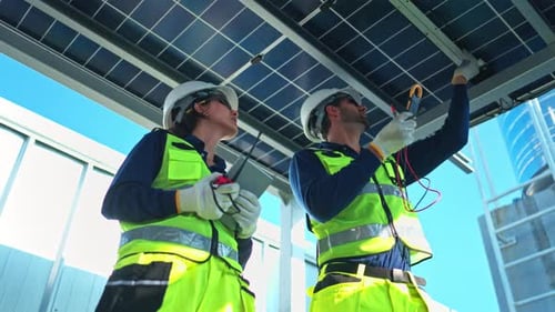 Ingenieurteam misst die Leistung des Solarpanelsystems und zeichnet Daten auf