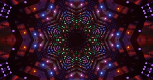 Abstract Kaleidoscopic Star Tunnel with Pulsating Neon Lights