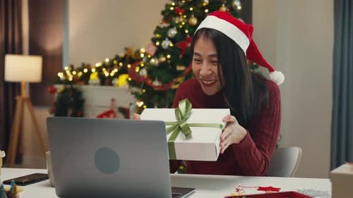 Woman Holds Christmas Gift During Video Call