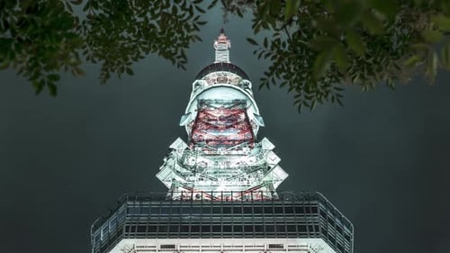 Mid Shot Night Timelapse Of Tokyo Tower With Tree Leaves In Foreground