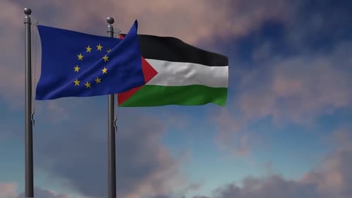 European Union and Palestine Flags Waving Against Cloudy Sky