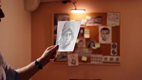 Close Up in the Detective's Office Middleaged Investigator in a Shirt and Tie Examines with a