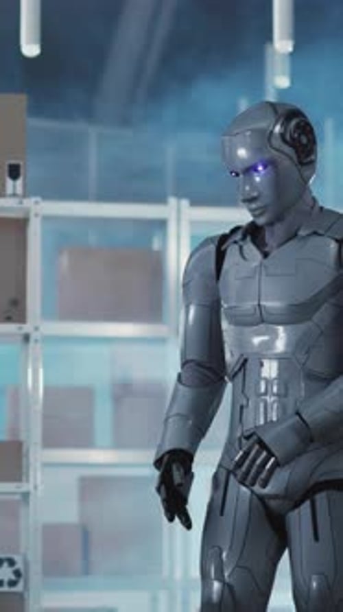Futuristic Silver Robot with Blue Eyes Carrying Postal Delivery Carton Boxes Alone in Department