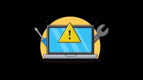 Laptop mit Reparaturwerkzeugen. Animationsvideo zum Konzept der Website wird gerade gewartet — transparent