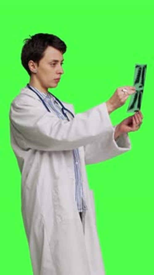 Ärztin mit Seitenansicht untersucht Röntgenbild, um die Krankheitsdiagnose für den Patienten zu finden