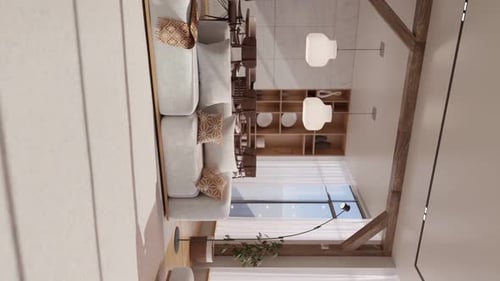 Vertical shot of a modern wooden kitchen area with the living room in shot