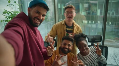 Business Casual Startup Team in Office Meeting Joy Fun Smiling Making Selfie Photo Together Enjoying