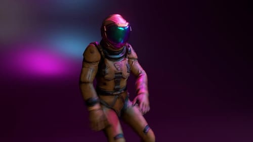 Ein Astronaut im Raumanzug tanzt Disco in einem Nachtclub