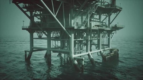 Old Oil Platform Standing Tall in the Ocean During Twilight Hour