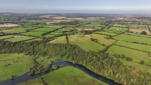 River Boyne, green valley and Knowth monument. Green fields, Ireland rural landscape. Drone aerial