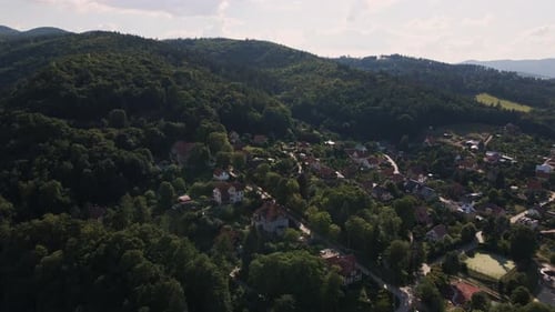 Aerial Drone View Over Mountain Village Landscape