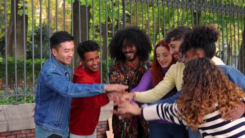 Young multiracial friends joining hands and raising arms together, embodying unity and teamwork whil