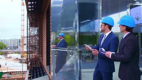 Real Estate Developers in Helmets New Office Construction Confident Business Men and Architect