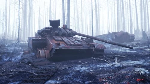 Destroyed Tank in Desolate Foggy Forest Aftermath