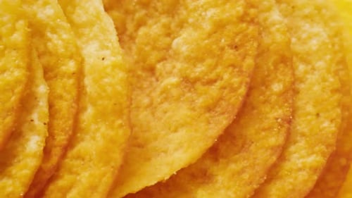 Crispy Potato Chips Close Up Pack in Macro Golden Fried Potatoes Close Up Potato Snack for Unhealthy
