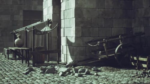 Old Medieval Stone Structures with Carts and Pottery in a Quiet Alley