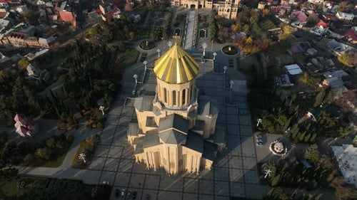 Drone view of Tbilisi city center featuring the Sameba Holy Trinity Cathedral, Georgia.