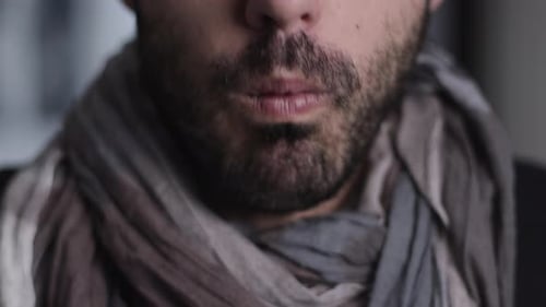 Man Blowing Nose and Coughing Close Up