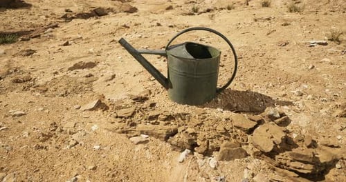 Пустая лейка стоит особняком на сухой потрескавшейся земле под палящим солнцем