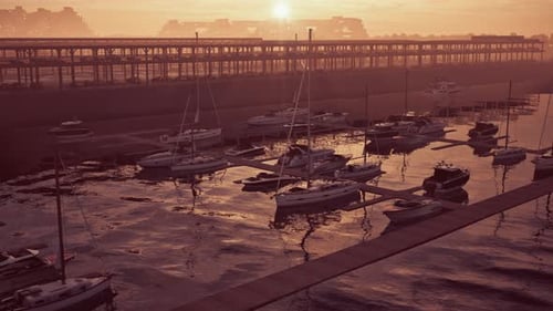 Panoramic Marina Sunset with Boats and Docks