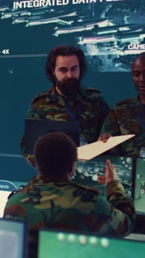 Vertical Video Crew Captain and General Briefing the Troops in Military Headquarters