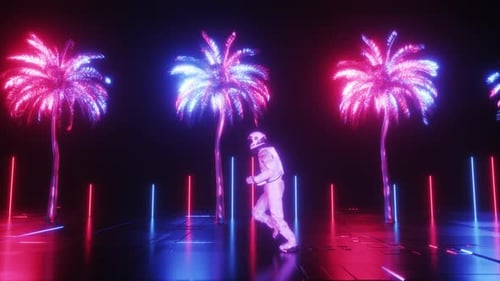 Running Astronaut in Neon Futuristic Landscape Loop