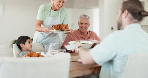 Home food, chicken and happy family lunch, eating meal or brunch buffet for Thanksgiving holiday