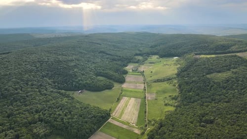 Aerial View of Farm Fields the Forests and Blue Sky