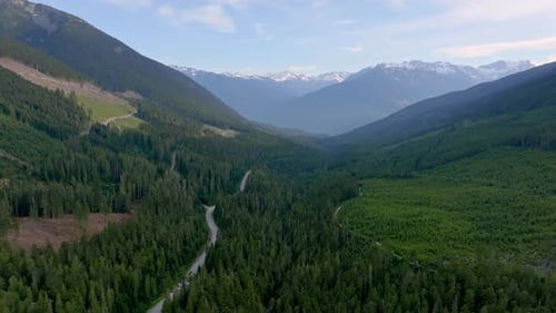 Rodovia 99 através da densa floresta de pinheiros na montanha em Pemberton, Colúmbia Britânica, Canadá. aérea