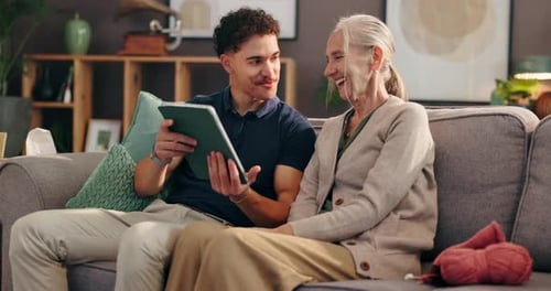 Tablet, medical and caregiver with senior woman in nursing home for healthcare consultation