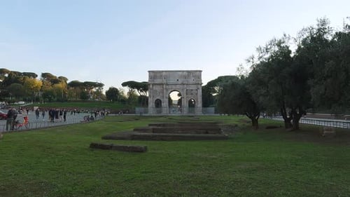 Front facing view of the Arch of Constantine, Roman Forum. Famous landmark, Rome, Italy