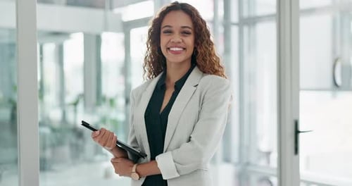 Business, woman and face or tablet with confidence for success for marketer at corporate office