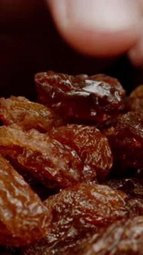 Vertical video. Close-Up of a Hand Picking Up a Handful of Raisins. Isolated on a Black Background.