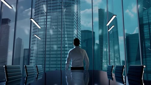 New Rules Businessman Working in Office Among Skyscrapers Hologram Concept