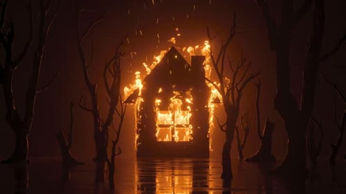 Burning house in eerie forest creating a scary mood