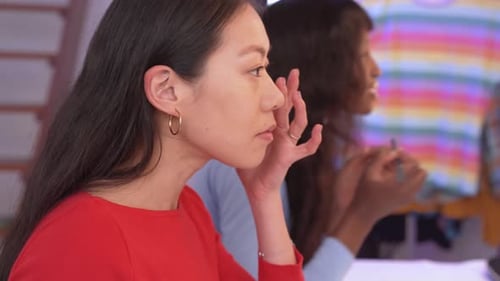 Female Friends Putting on Professional Makeup in Dressing Room