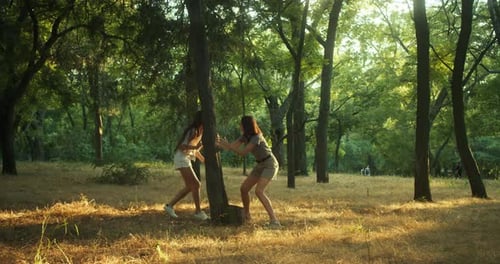 A Happy Brunette Girl in a Gray Tshirt is Playing Tag with Her Blonde Girl Friend During Their Happy